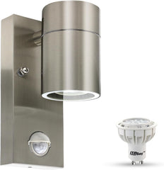 Outdoor Wall Light with PIR Sensor - Mains Powered Stainless Steel Security Lighting, IP44 Rated, Includes 7W GU10 LED Warm White Bulb