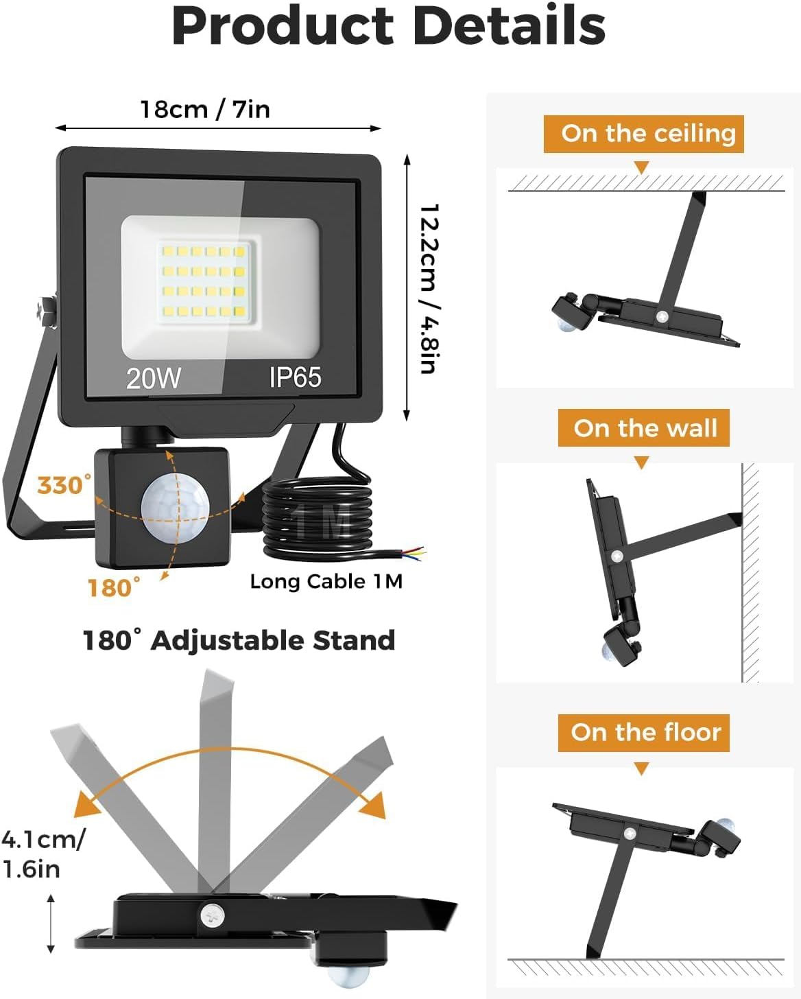 20W Motion Sensor Outdoor Security Light, IP65 PIR LED Floodlight