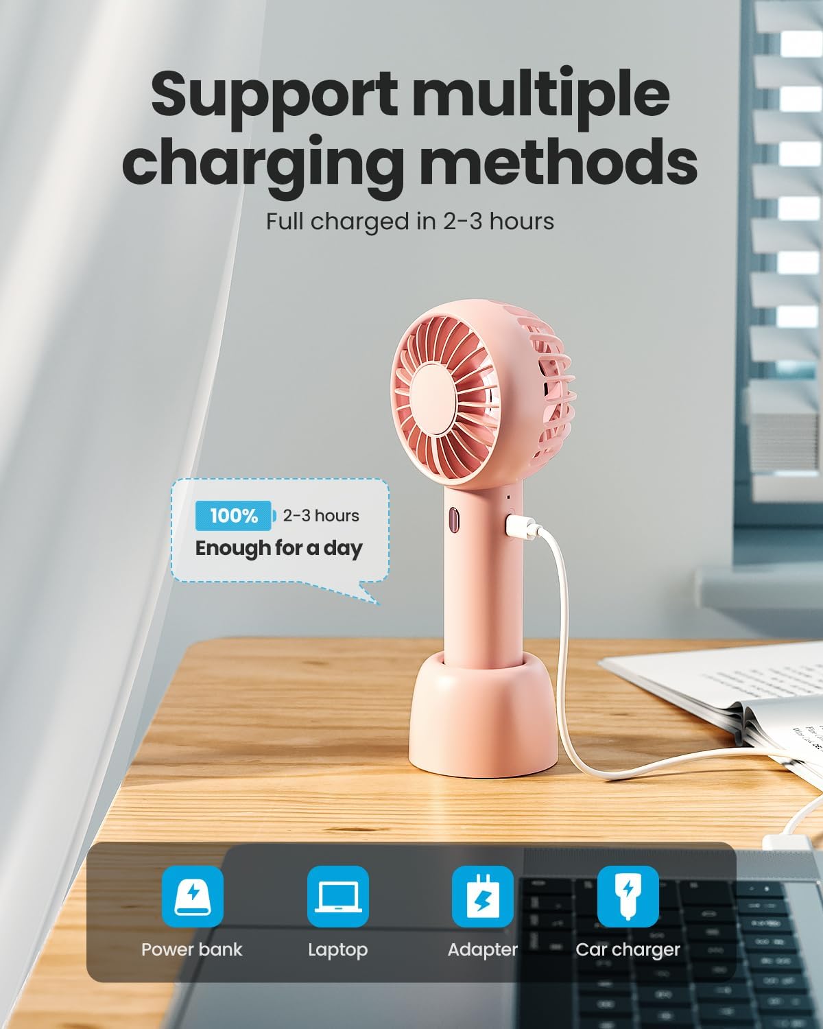 Mini Portable Handheld Fan with Base 3 Speed USB