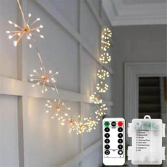 LED Firework String Lights, Battery Operated with Remote – 50 Warm White LEDs, 8 Modes, for Indoor/Outdoor Home, Christmas, Wedding, and Party Decoration