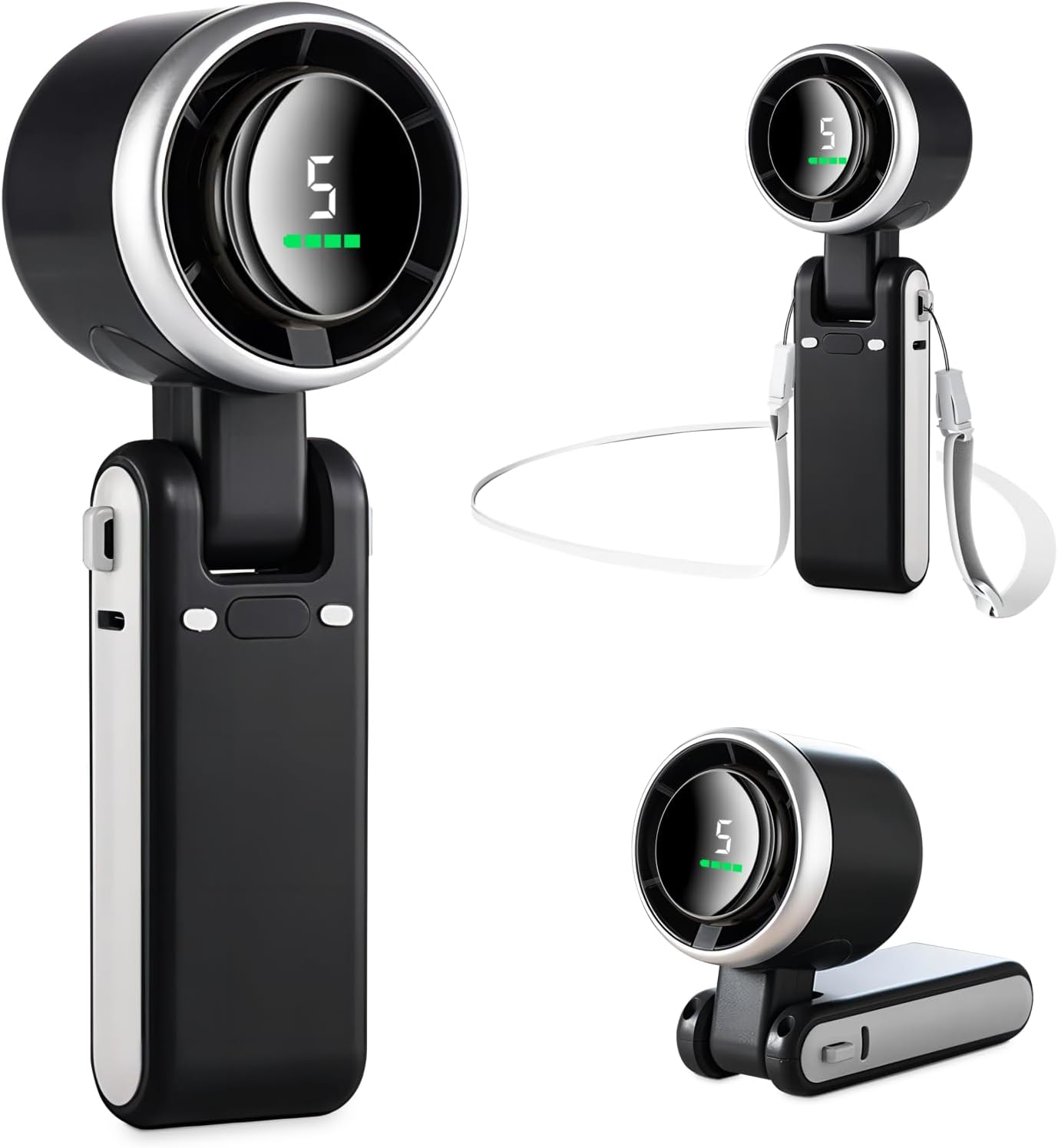 Portable Handheld Fan with LED Display – 5 Speeds, USB Rechargeable