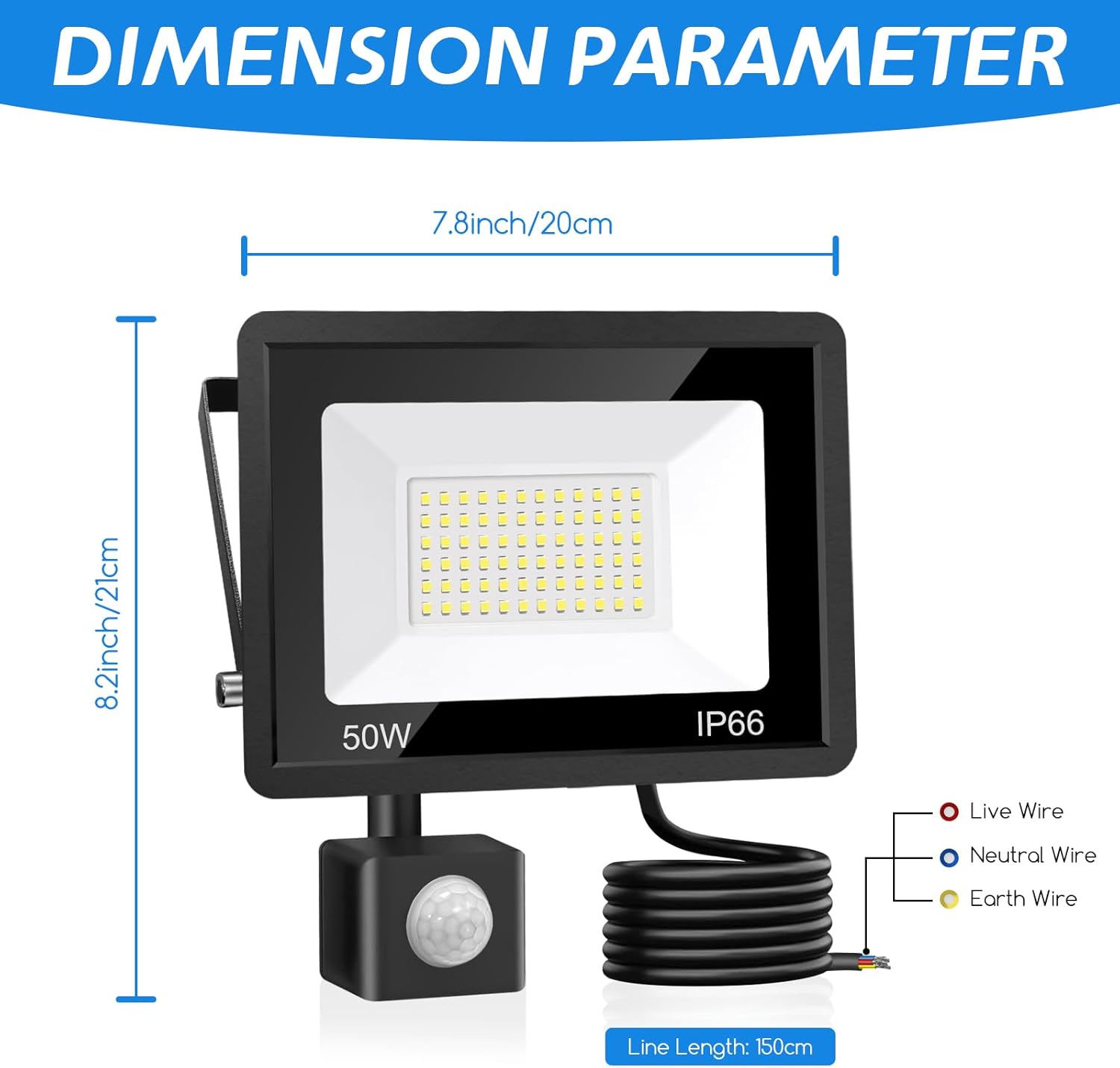 50W LED Security Light Outdoor Motion Sensor 4500lm IP66 Floodlight