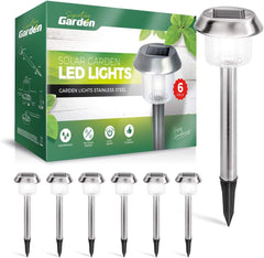 Premium Solar Garden Lights, 6-Pack Ultra Bright Pathway Lights, Large Stainless Steel, 15 Lumens, Easy Wireless Installation, for Outdoor Garden and Patio