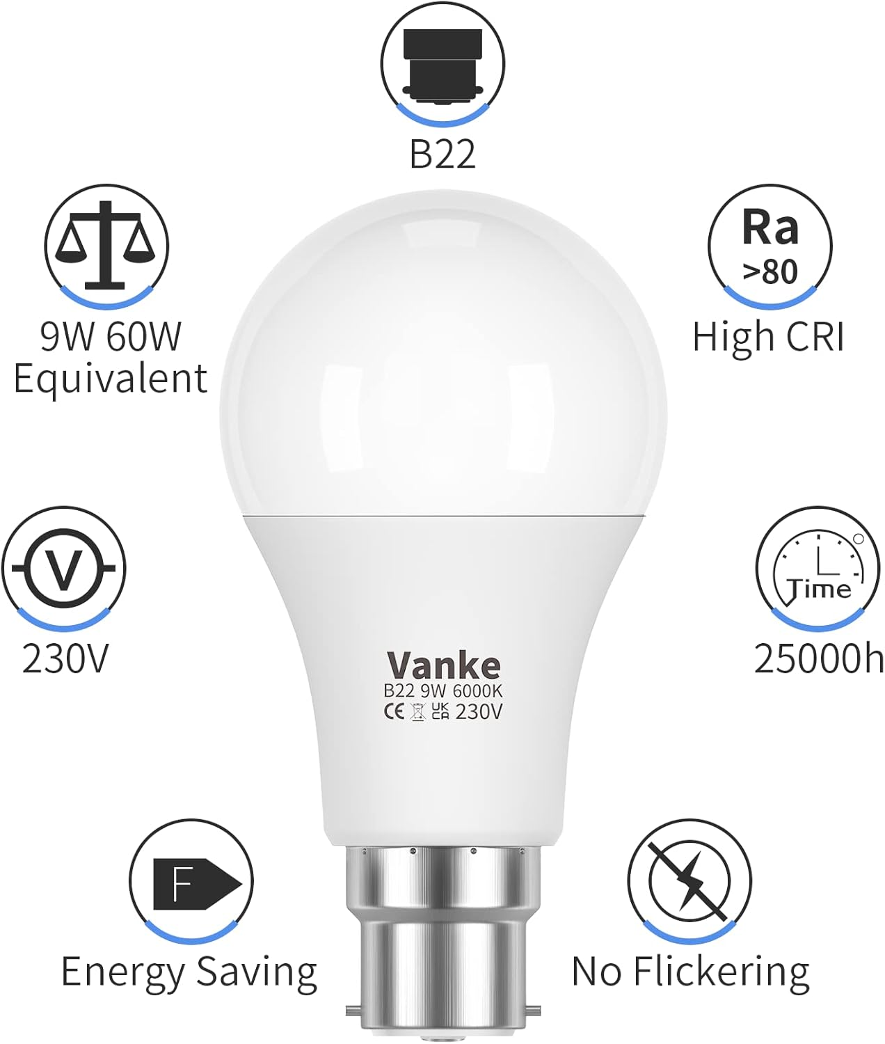 B22 LED Light Bulb 9W 6000K Cool White 6 Pack