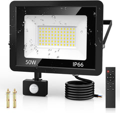 50W Outdoor Security Flood Light: Motion Sensor, IP66 Waterproof, 4500LM, Cool White with Remote Control