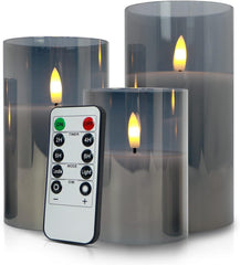 Set of 3 Rechargeable Flameless Candles – Gray Glass, Timer & Remote, Flickering LED, 4.1