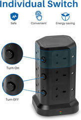 Tower Extension Lead [13A 3250W] with 12 AC & 6 USB Ports, Surge Protected 2M Power Strip