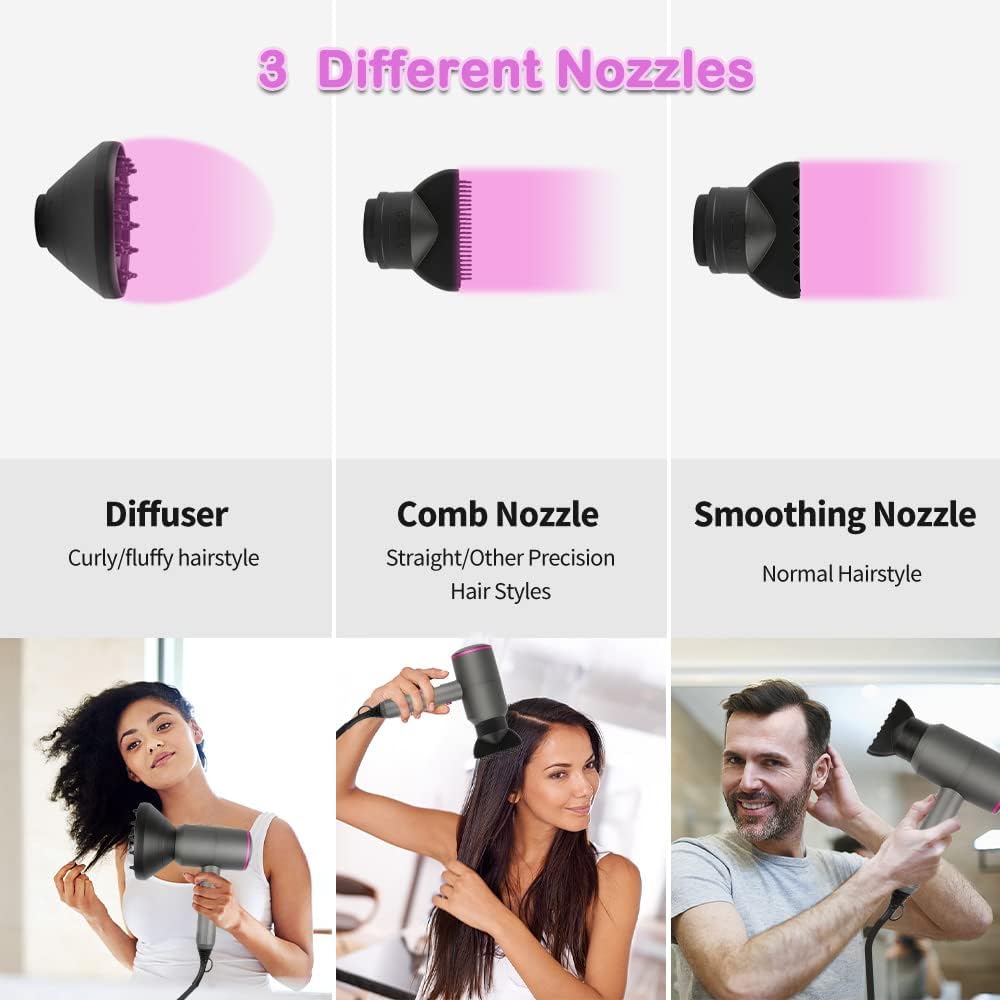 Professional Ionic Hair Dryer – Powerful AC Motor, Fast Drying with 2 Speed 3 Heat Settings, Cool Shot, Diffuser & 2 Nozzles