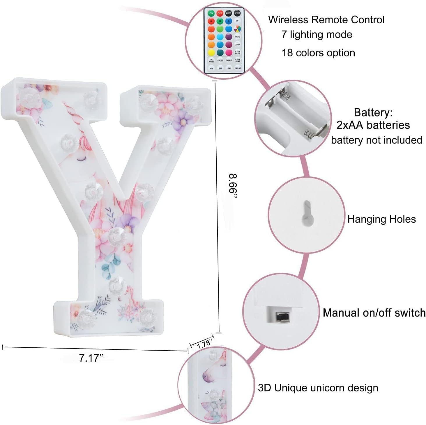 Unicorn LED Light Up Letter Y – 18 Color Changing Sign