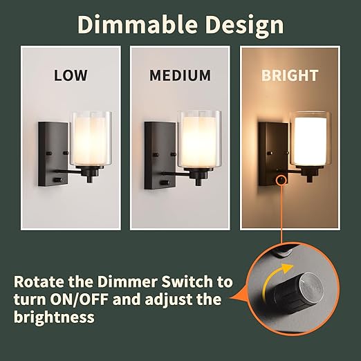 Pack of 2 Industrial Dimmable Wall Sconce - Matte Black with Rotary Dimmer Switch