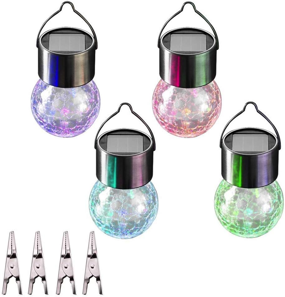 Solar Hanging Lights, Decorative Crackle Ball Globe Lights, Outdoor Garden Party, Colour Changing, 4 Pack