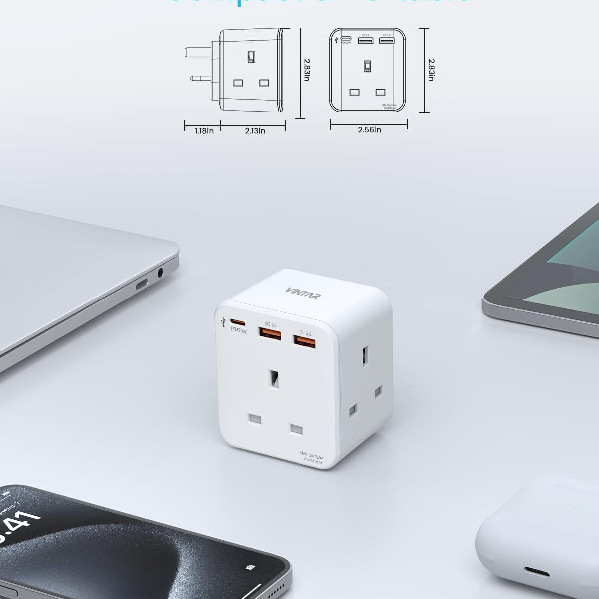 Compact and portable adapter with dimensions on a light gray background