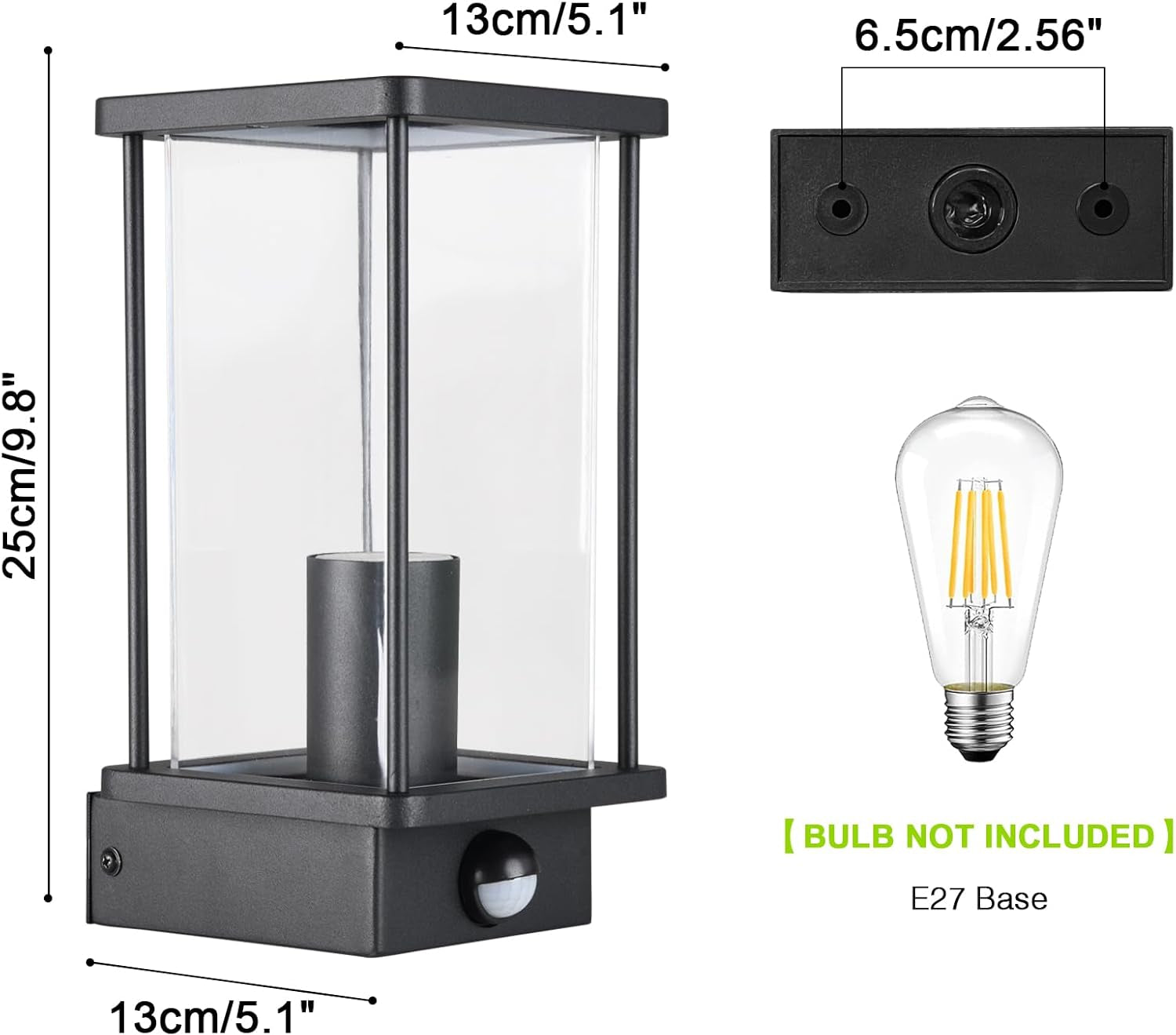 Motion Sensor Outdoor Wall Lights Mains Powered, Black Wall Lantern, Waterproof Aluminum Anti-Rust, Dusk Till Dawn Security Wall Light for Front Door, Porch (E27 Bulb Not Included)
