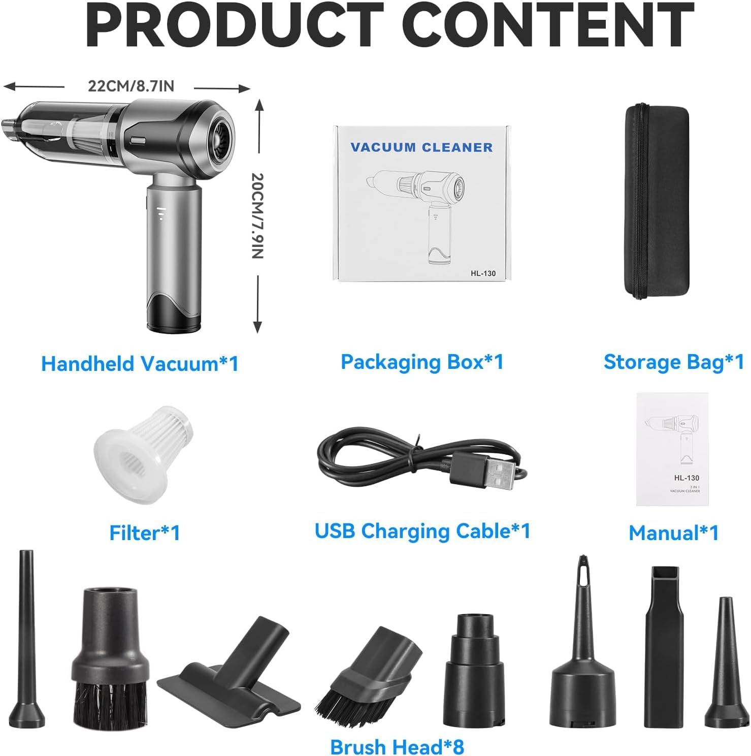 Grixz Silver Handheld Vacuum Cleaner 22000Pa Cordless Mini Portable