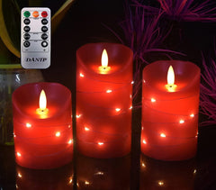 3-Piece Flameless Candle Set – Real Wax with Embedded Fairy Lights, LED, Remote, 24-Hour Timer, Ivory White