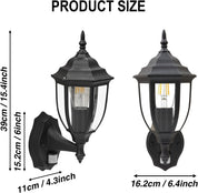Black outdoor wall lights with dimensions on a white background