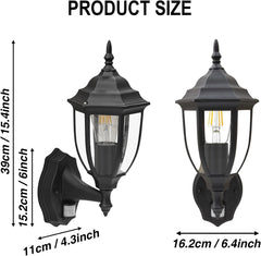 Black outdoor wall lights with dimensions on a white background