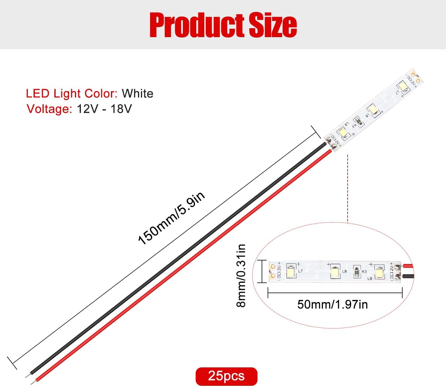 25PCS 50mm Prewired LED Strip 12V-18V White 2335 SMD Lighting Kit