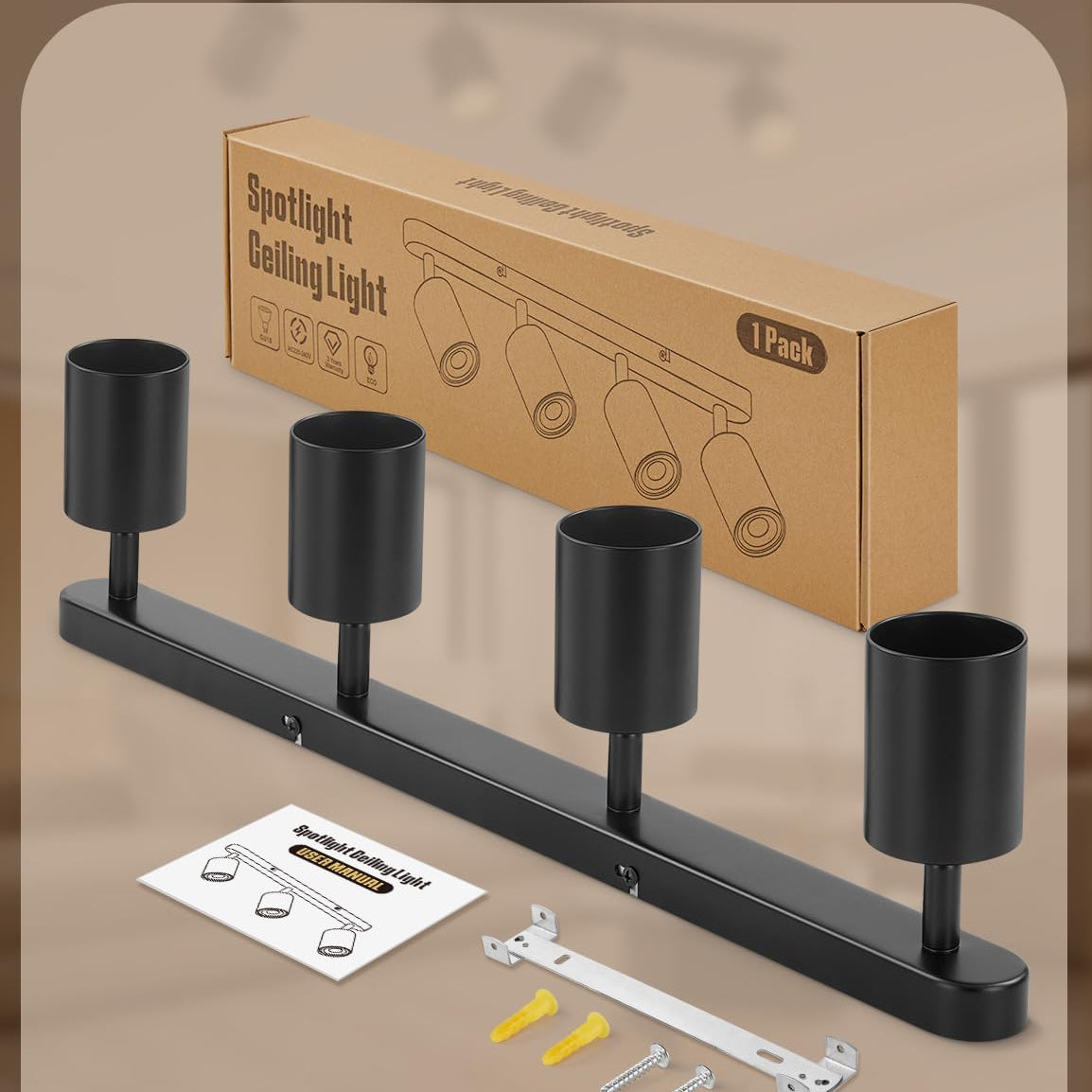 Ceiling light fixture with packaging, installation manual, and tools on a beige background