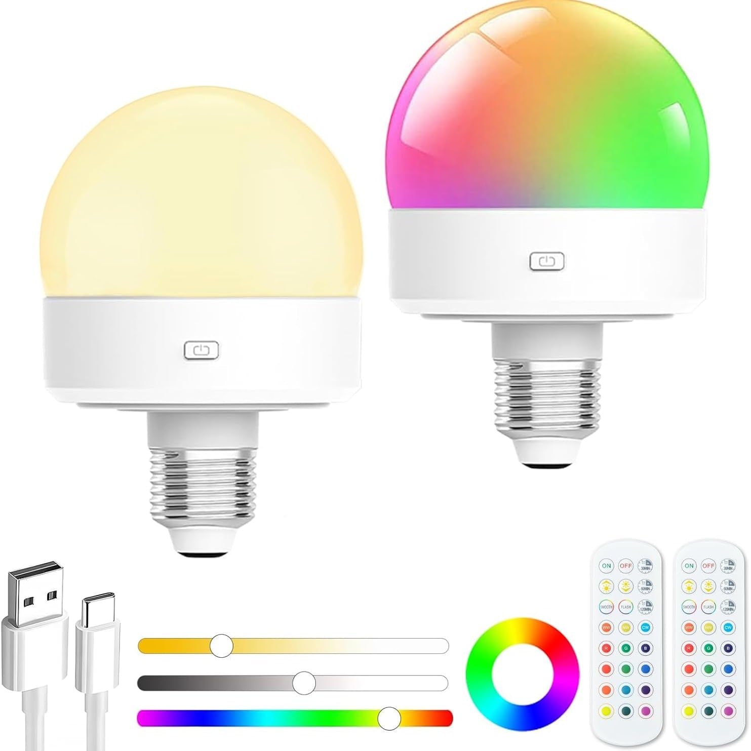 Two smart light bulbs with remote controls and cables on a white background