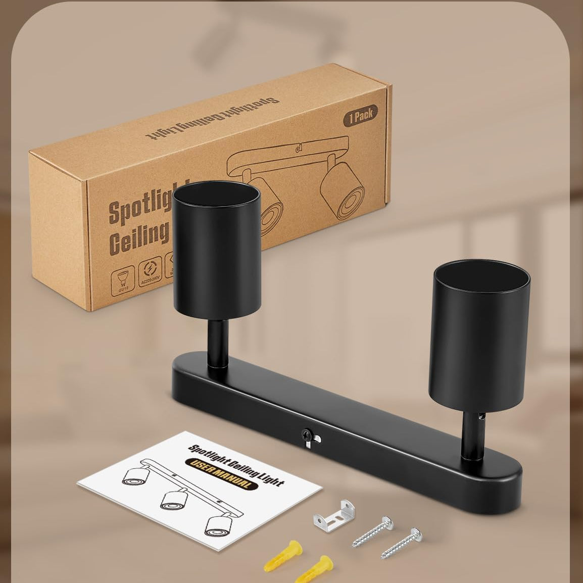 Black wall-mounted light fixture with packaging and installation instructions on a beige background