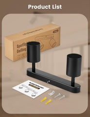 Black wall-mounted light fixture with packaging and installation instructions on a beige background