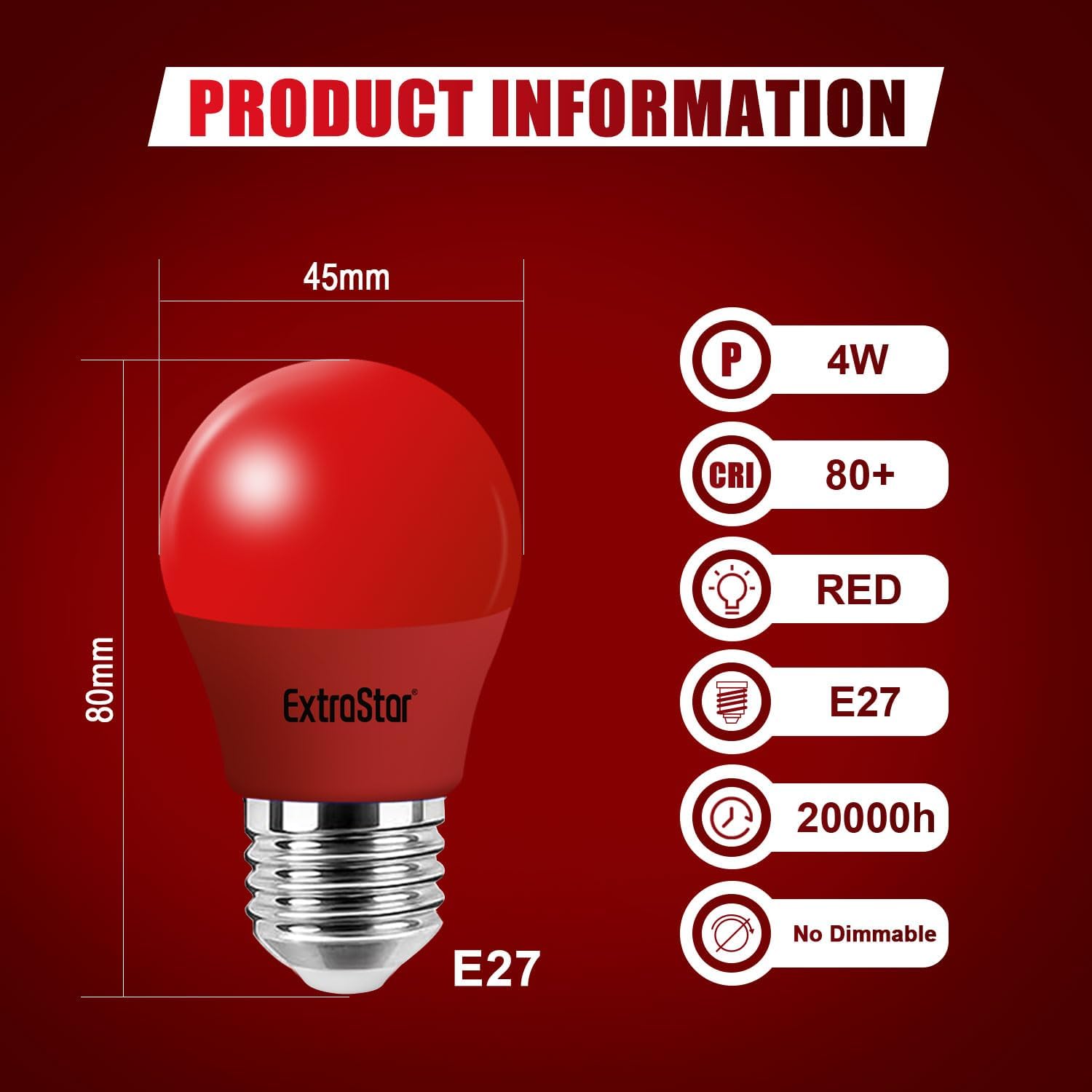 E27 LED Red Bulb 4W G45 Non-Dimmable, Pack of 2