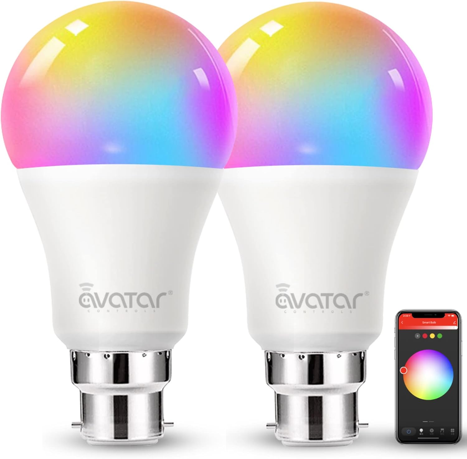 Avatar Controls Smart Bulb Alexa Light Bulbs B22 Bayonet, Colour Changing WiFi LED Lamp Bulbs 9W Set of 2 Bulbs [Energy Class F], White [Energy Class F]B07PKMC87F