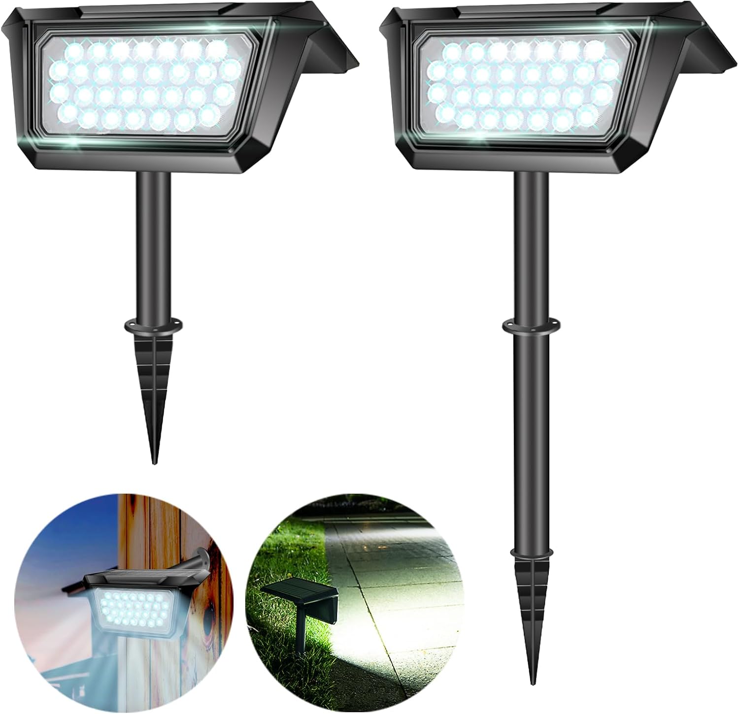 2PCS 30 LED Solar Spot Light Outdoor Garden, Cool White Light 2200mAh Solar Landscape Spotlights with 2 Light Modes IP65 Waterproof for Pond Pathway Wall Porch Garage