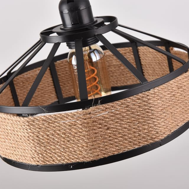 Close-up of a pendant light with black metal cage and jute shade on a gray background