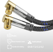 4K aerial cable Nylon braided, TV cable 90° angled connectors – 7.5m – with break-proof metal plugs for digital & analogue TV (male to female angled connectors for DVB-C, DVB-T, DVB-S) – CableDirect
