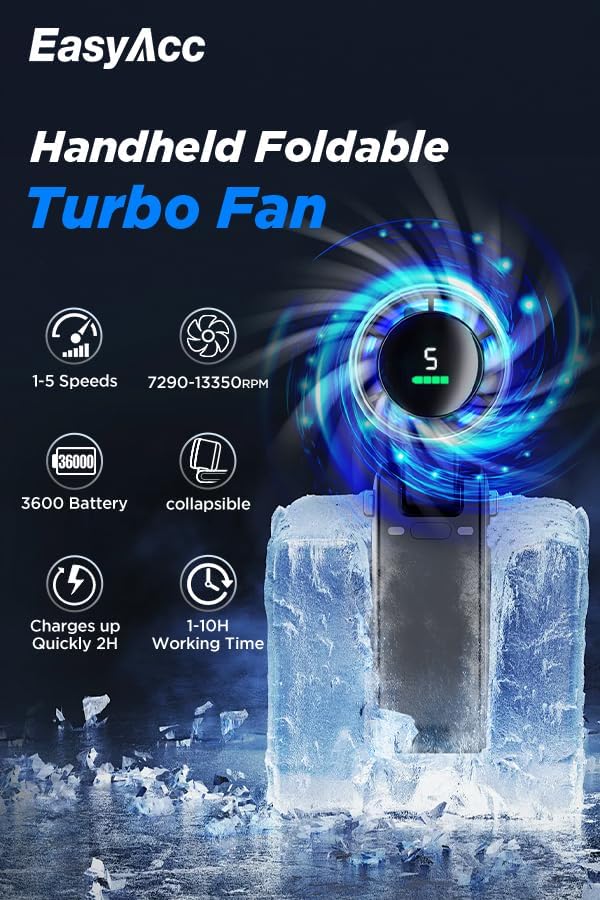 EasyAcc Portable Handheld Fan, 3 IN 1 Hand Fan, Turbo Fan Powerful 5 Speeds 4000 Battery Capacity 180°Foldable USB-C Rechargeable Personal Pocket Hand Held Fan for Travel/Outdoor/Home/Office