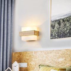 Modern LED Wall Light Indoor, Creative Square Wooden Wall Lamp with Glass Shade, Elegant Wall Sconce for Bedroom, Living Room, Hallway, Dining Room, and Stairs, E27