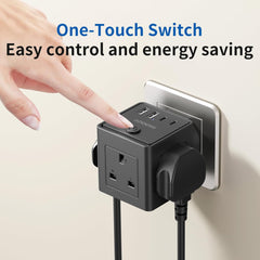 3-Way Plug Extension Socket with 4 USB Ports, 13A 3250W Multi Plug Adapter