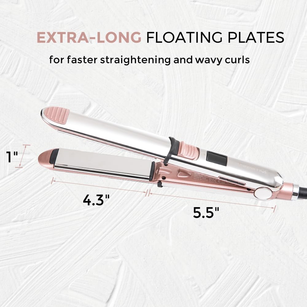 2-in-1 Titanium Ionic Hair Straightener & Curler, Fast Heating, Dual Voltage, Pink