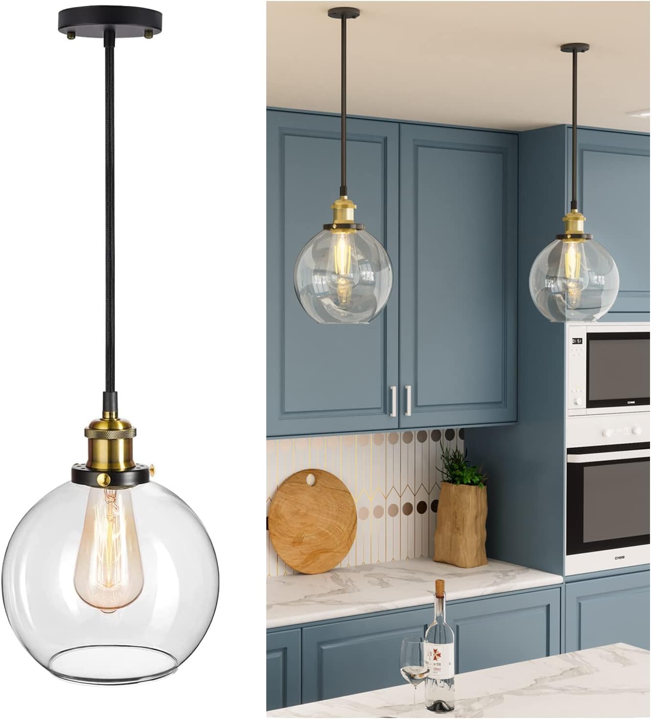 Vintage Pendant Light, 20cm Industrial Clear Glass Ceiling Hanging Fixture for Kitchen Island, Bedroom, Hallway