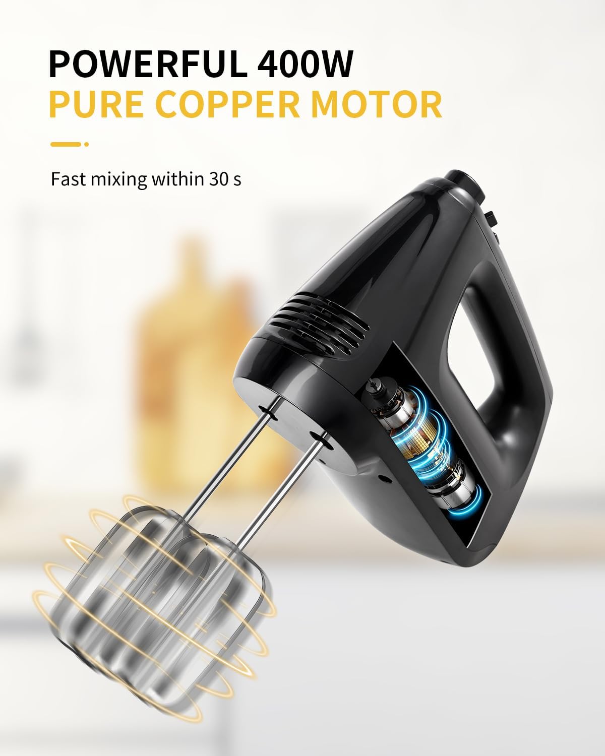 400W Electric Hand Mixer with 6 Speed & Turbo – All-Copper Motor Hand Whisk, Snap-On Storage Case, 5 Stainless Steel Attachments