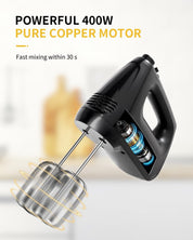 400W Electric Hand Mixer with 6 Speed & Turbo – All-Copper Motor Hand Whisk, Snap-On Storage Case, 5 Stainless Steel Attachments