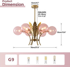 Chandelier with dimensions and bulb type G9 on a white background