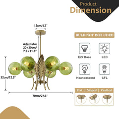 Chandelier with green glass shades and gold metal frame, including dimensions and bulb information.
