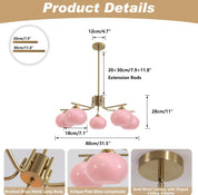 Chandelier with pink glass lampshades and gold metal components, featuring dimensions and product details.
