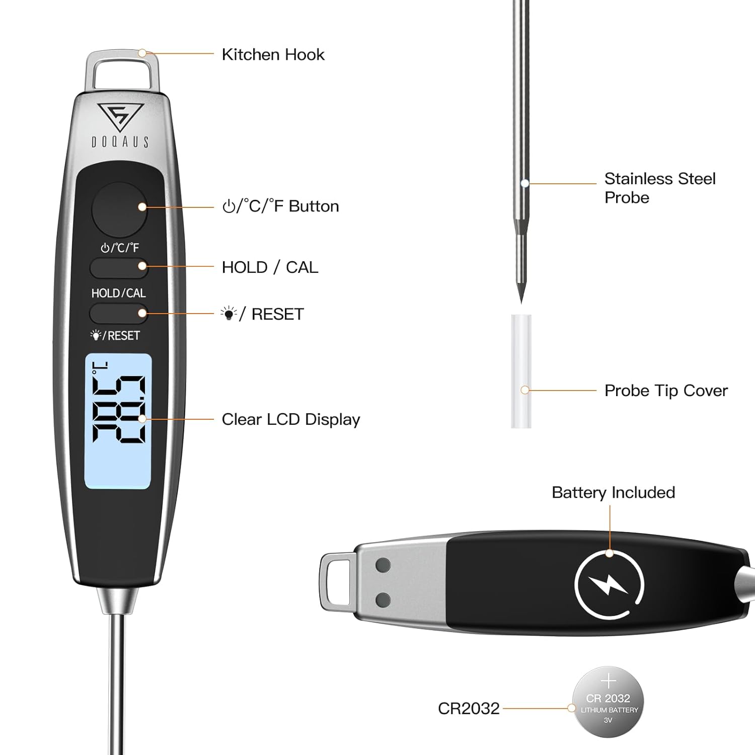 Instant Read Meat Thermometer with Backlight LCD - Silver
