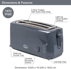 4 Slice Toaster Grey – Extra Wide Long Slots for Bagels and Crumpets – 6 Browning Settings – Reheat, Defrost & Cancel