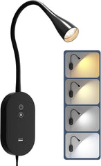Black flexible LED reading light with on/off switch and sample light effects on a white background
