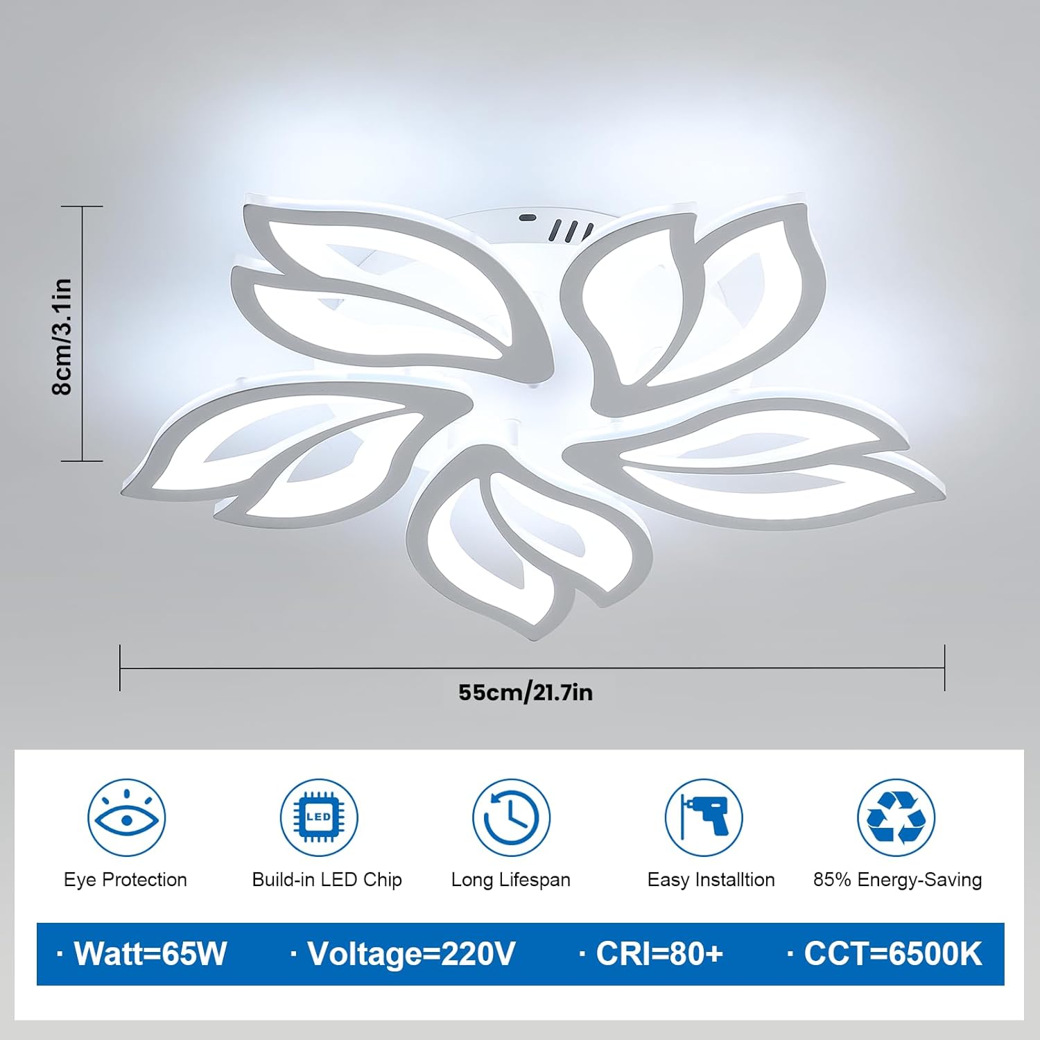 65W LED Ceiling Light 5850LM, 5-Light Modern Acrylic Flower Design, Cool White 6500K Fixture for Living Room, Bedroom, Kitchen