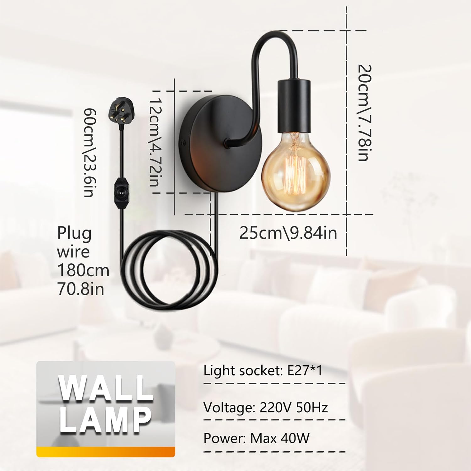 Industrial Dimmable Wall Light Plug-In – Vintage E27 Black Metal Wall Lamp