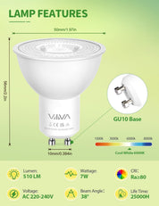 GU10 LED Bulbs Cool White 7W 12-Pack 6000K Spotlight