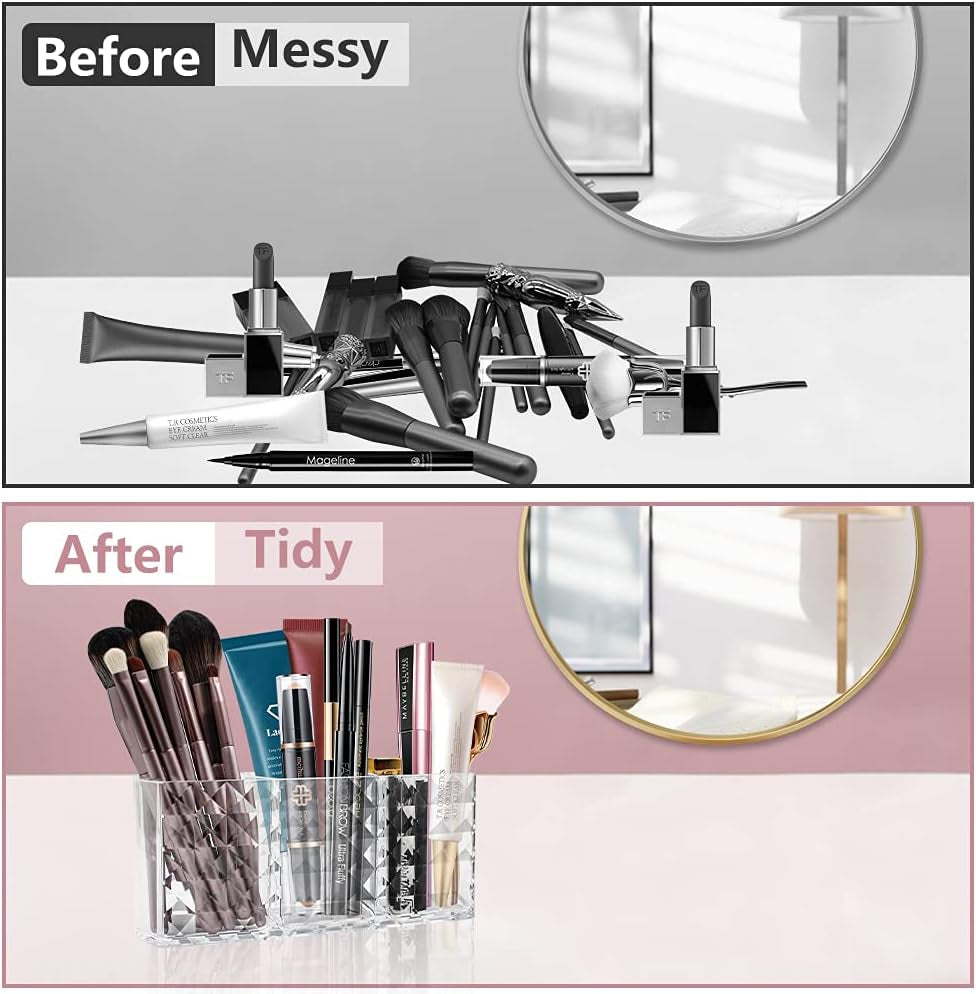3-Compartment Crystal Cosmetic Organizer – Acrylic Makeup Brush & Lipstick Holder