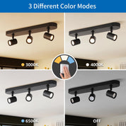 Ceiling light fixture with three different color modes displayed on a white background.