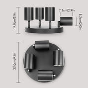 Black wall-mounted light fixture with dimensions indicated on a gray background